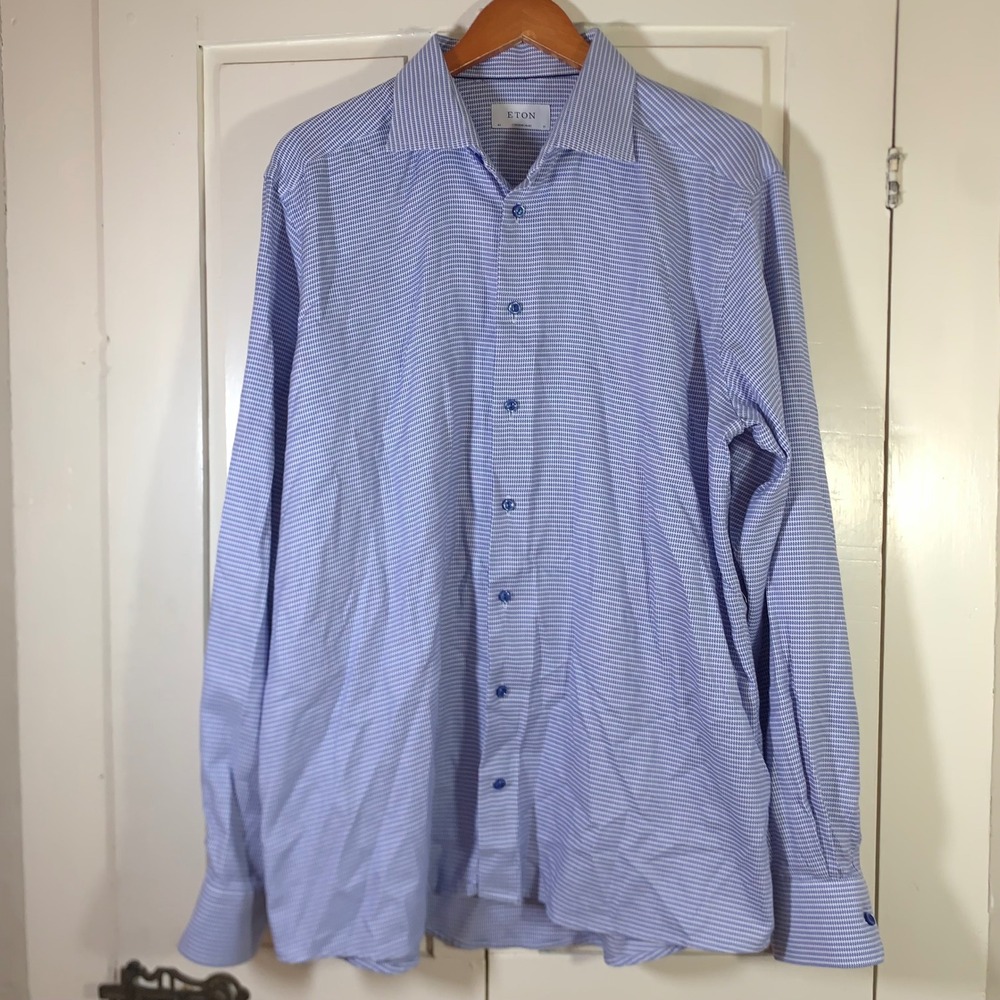 Eton Contemporary Fit Dress Shirt Mens 17 43 Blue White Houndstooth Cotton XL
